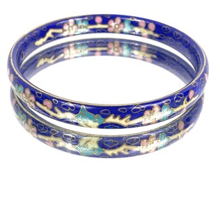 Chinese Cloisonne Royal Blue Floral Enamel Bangle Bracelet by Rare Beauty Vintage