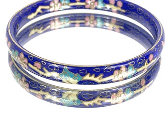 Chinese Cloisonne Royal Blue Floral Enamel Bangle Bracelet by Rare Beauty Vintage