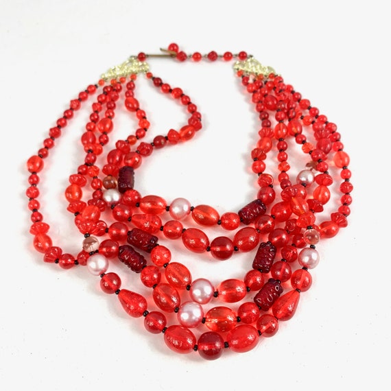 High End Red Glass Bead Five Strand Necklace, Jap… - image 6