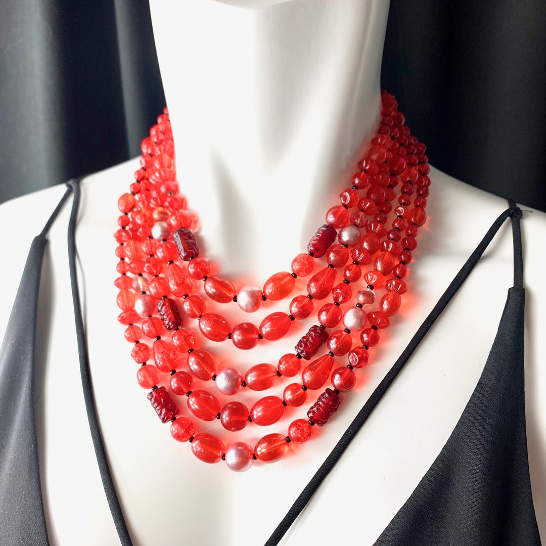 50s Red Glass Bead Necklace And Screw On Earrings Set By Czechoslovak