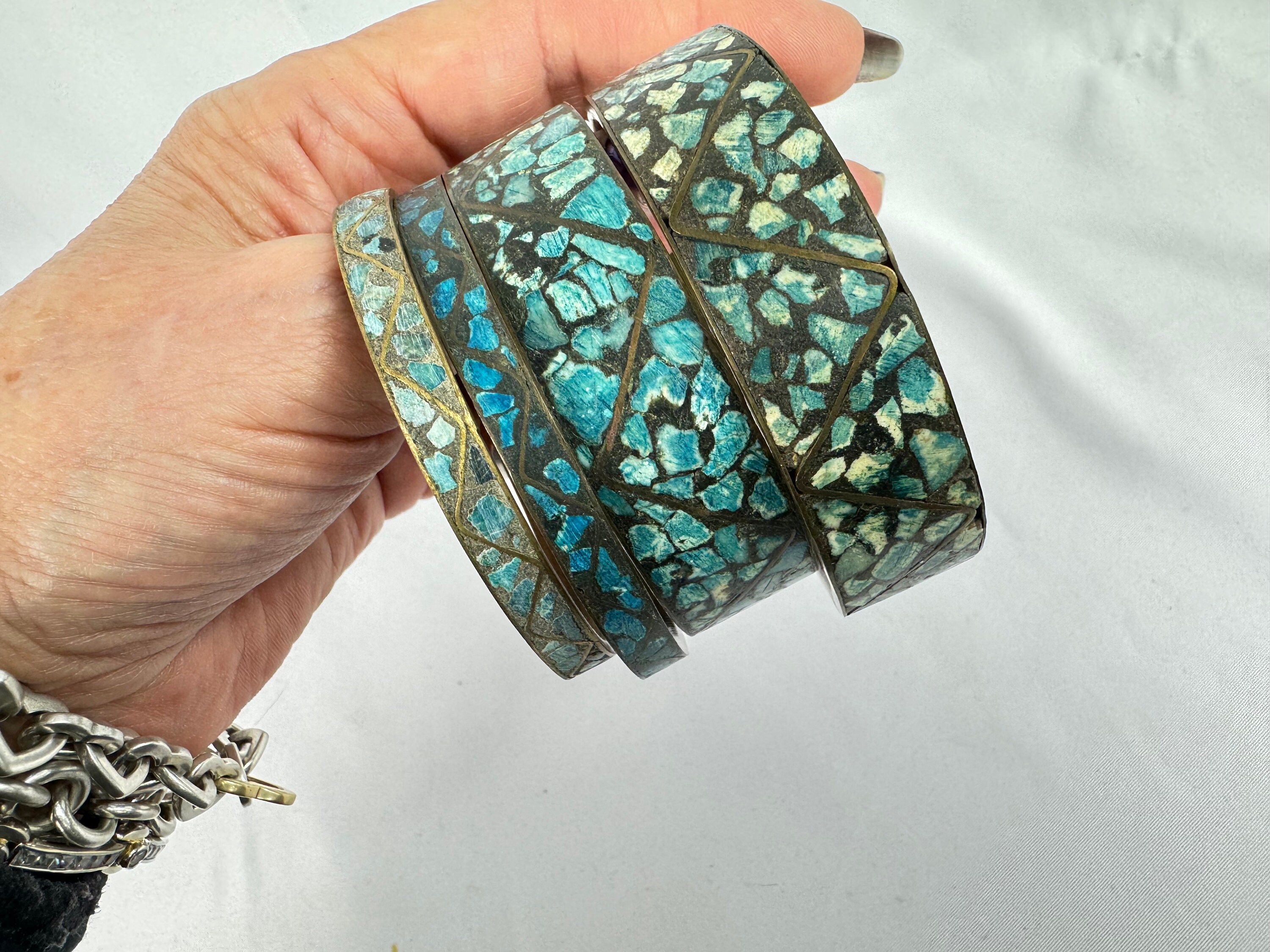 Turquoise Inlaid East Indian Brass Chip Bracelets Rare