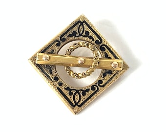 Victorian Steampunk Taille d&#39;Epargne Enamel 10k Gold Brooch Locket