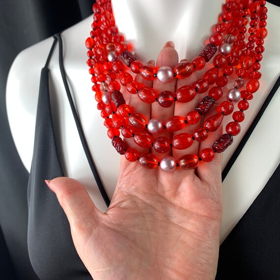 High End Red Glass Bead Five Strand Necklace, Jap… - image 9