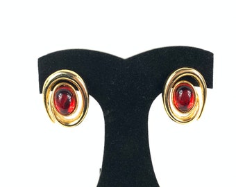 Ruby Red Cabochon Gold Tone Swirl Pierced Earrings