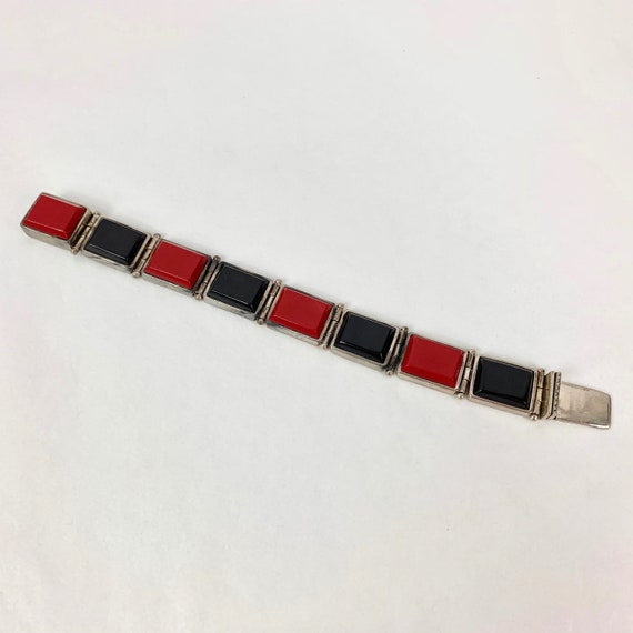 Modern Mexican Silver and Glass Red Black Bracelet - image 3