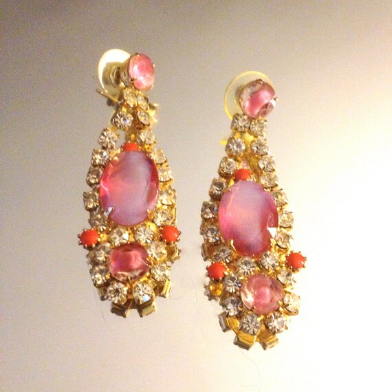 Regency Pink Givre Glass Rhinestone Pierced Earri… - image 7