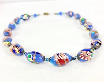 Millefiori Aventurine Oval Blue Glass Bead Necklace, Murano, Venetian Art Glass, Moretti