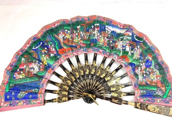 Lacquer 1000 Faces Hand Fan, Qing Dynasty, 19th Century, Chinese Export