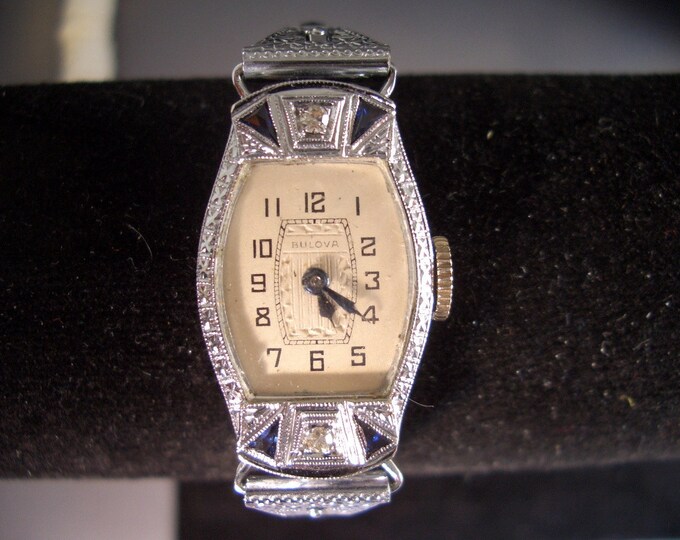 Vintage Antique Bulova Ladies Watch 14K Diamond Sapphires Filigree Matching Band Wind up Works