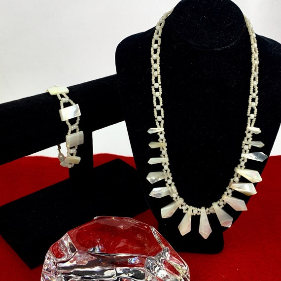 Parure De Bijoux Nacre Et Quartz Années 90 - Collier, Bracelet, Clips - Occasion
