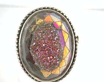 Drusy Druzy Rainbow Aura Quartz Wizards Sterling Silver Mens Ring