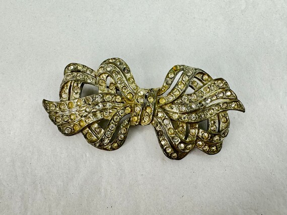 Bow Brooch Edwardian Pot Metal Rhinestone Jewelry… - image 9