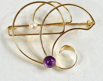 Abstract Golden Amethyst and Pearl Brooch