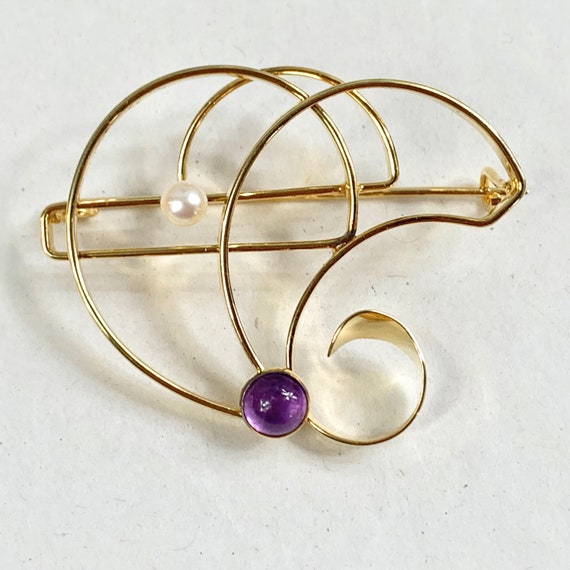 Abstract Golden Amethyst and Pearl Brooch