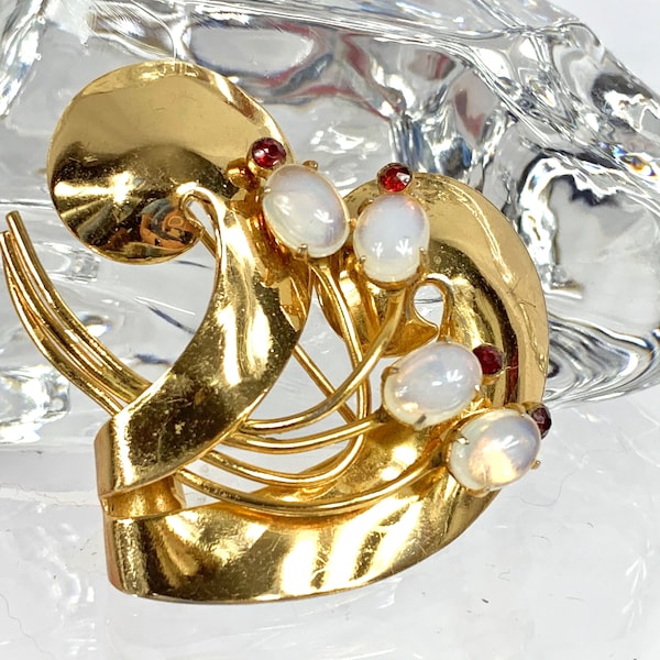 Coro Script Pegasus Gold Plated Opal Glass Floral Rhinestone Brooch