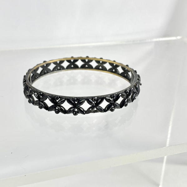 Vauxhall Glass Black Bead Bangle Bracelet, Antique French Jet