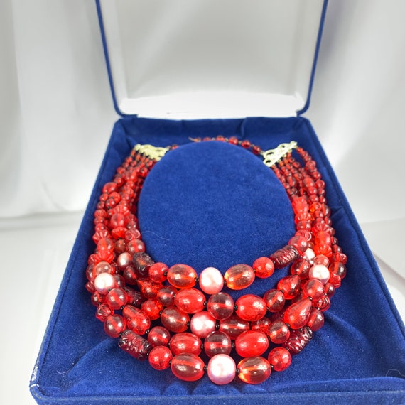 High End Red Glass Bead Five Strand Necklace, Jap… - image 3