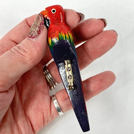 Carved Wood Scarlet Macaw Parrot Bird Brooch - image 4