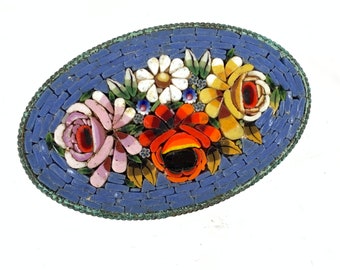 Antique 50 mm Italian Micro Mosaic Grand Tour Floral Brooch