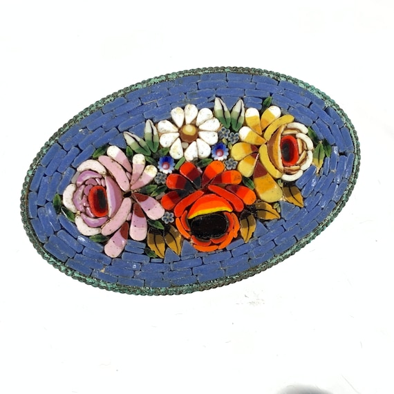 Broche Vintage Micro-mosaïque Italienne - 2 Fleurs Multicolores - Occasion (voir Photos)