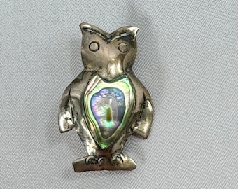 Sterling and Abalone Mexican Silver Owl Brooch, Taxco, Mexico, BRD