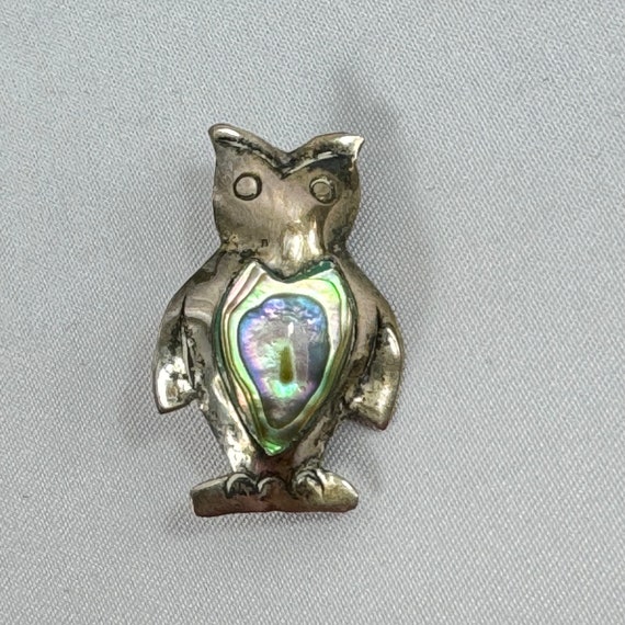 Sterling and Abalone Mexican Silver Owl Brooch, T… - image 1