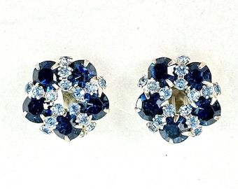 1950's Era Blue Rhinestone Clip On Earrings, Something Blue