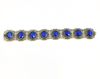 Huge Blue Imitation Sapphire Rhinestone Filigree Bracelet, 1940's Fashion