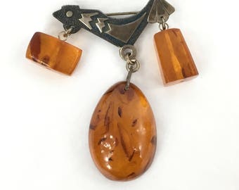 Soviet Latvian Baltic Amber Sakta Dangle Brooch