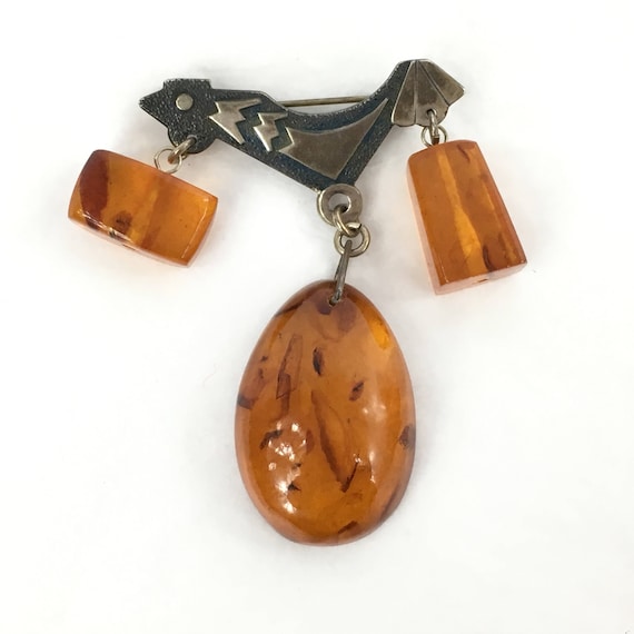 Soviet Latvian Baltic Amber Sakta Dangle Brooch - image 1