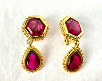 Vintage Swarovski Ruby Crystal Clip On Earrings, Signed Designer Costume Jewelry