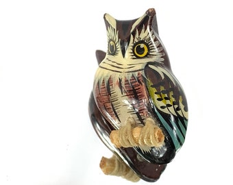 Genuine Takahashi Bird Carved Screech Owl Brooch Push Pin Back