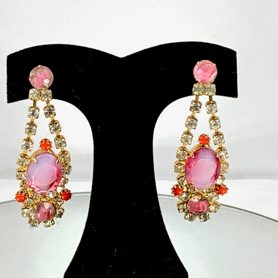 Regency Pink Givre Glass Rhinestone Pierced Earri… - image 1