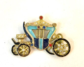 1930's Princess Carriage Brooch, Enamel Gilded Pot Metal