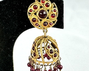 Antique Jhumka Sterling Gold Gilt Garnet Earrings