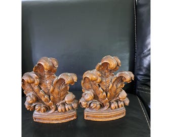 2 Vtg 1940s Syroco Faux Wood Bookends Feathers Leafy Leaves Floral EUC Book Ends
