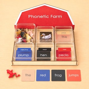 Puede incluir: Un set educativo Phonetic Farm que incluye un organizador de madera rojo con forma de granero y seis recipientes de plástico transparente. Los recipientes contienen figuras de animales y tarjetas codificadas por colores etiquetadas como artículo, adjetivo, sustantivo y verbo. Cuatro tarjetas de palabras adicionales y una figura de rana roja se colocan al frente.