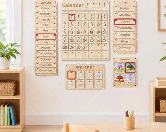 May include: A wooden wall-mounted calendar set featuring a large grid with numbers 1 through 31, a vertical months list, a days list, a weather tracker with icons, and a seasons section with tree illustrations. Each component has red frames.