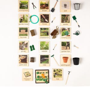 May include: An assortment of gardening tools and accessories. The image shows items such as pruning shears, a shovel, a pail, a garden hose, a trowel, a spade, a hay bale, a wheelbarrow, a watering can, gloves, a weeder, a garden fork, a grain sack, a rake, a planting pot, a garden bed with vegetables, and a hoe.