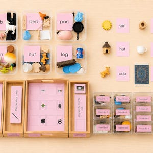 May include: A comprehensive educational phonics kit featuring clear plastic containers filled with miniature objects, pink word cards, and wooden trays. The set includes labeled boxes for words like bib, bed, pan, bun, hut, and log, alongside matching picture cards, small figurines, and printed sentence strips for literacy practice.