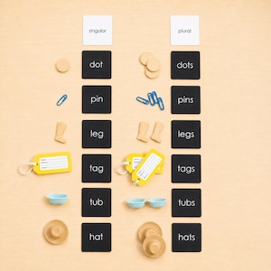 May include: An educational set featuring black cards with white text for singular and plural words. Objects include wooden dots, blue paper clips, wooden boots, yellow luggage tags, light blue tubs, and wooden hats arranged to match their labels.