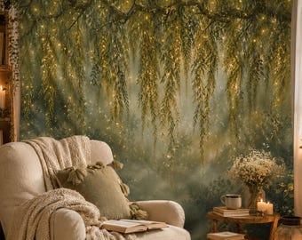 Enchanted Willow Tapestry, Fairy Light Garden Wall Hanging, Romantic Botanical Decor