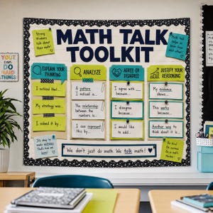 Ready to Hang Math Talk Toolkit Bulletin Board for Middle School Math Teachers | Sentence Frames aligned to SMPs for Classroom Display