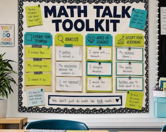 Ready to Hang Math Talk Toolkit Bulletin Board for Middle School Math Teachers | Sentence Frames aligned to SMPs for Classroom Display