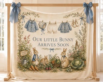 Peter Rabbit inspiriert Babyparty Hintergrund, Gartenhasenfahne, kleiner Hase kommt bald Zeichen