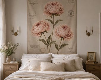 Vintage Peony Botanical Tapestry | French Country Floral Wall Hanging Artwork