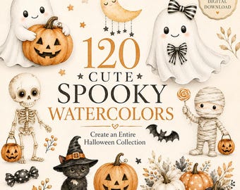 Cute Halloween Watercolor Clipart Bundle, 120 Ghost Pumpkin Skeleton PNGs for Invitations, Crafts & Party Designs