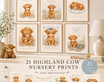 Highland Cow Nursery Wall Art Set of 21, Baby Boy and Girl Farm Prints, Watercolor Nursery Decor, Instant Download