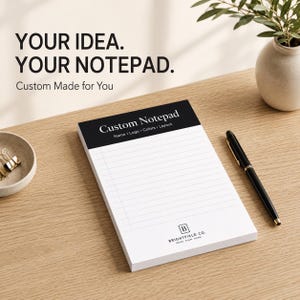 以下が含まれることがあります： Custom Notepad、Name、Logo、Colors、Layoutというテキストが黒いヘッダーに記された白い罫線入りメモ帳。下部にはBrightfield Co. Ideas, Plan, Doneのロゴがある。木製の表面に黒いペンがメモ帳の横に置かれている。