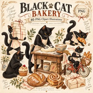 以下が含まれることがあります： 「Black Cat Bakery」と題されたデジタルイラストセット。エプロンを着た黒猫がパンを焼いたり、箱を運んだり、自転車に乗ったりする様子が描かれています。クロワッサン、カップケーキ、パンなどの焼き菓子を含む40種類のPNGクリップアートイラストが、クリーム色の背景に配置されています。